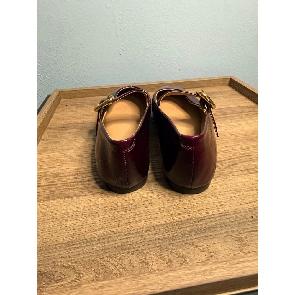 Madewell Burgundy Patent Leather Mary Jane Flats with Gold Buckle